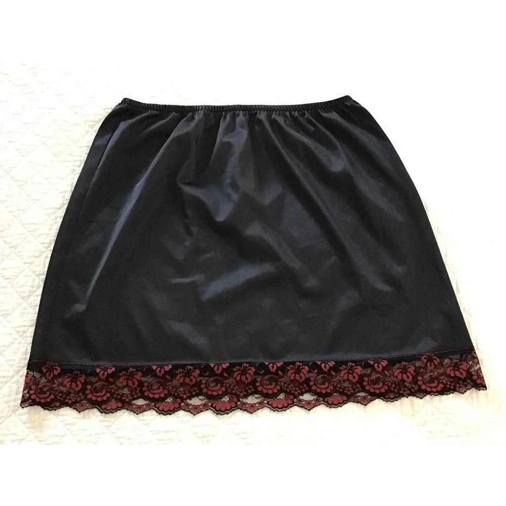 VTG 80's Black Satin Lace Trim Sz L Nightgown Lingerie + Ashley Taylor Half Slip